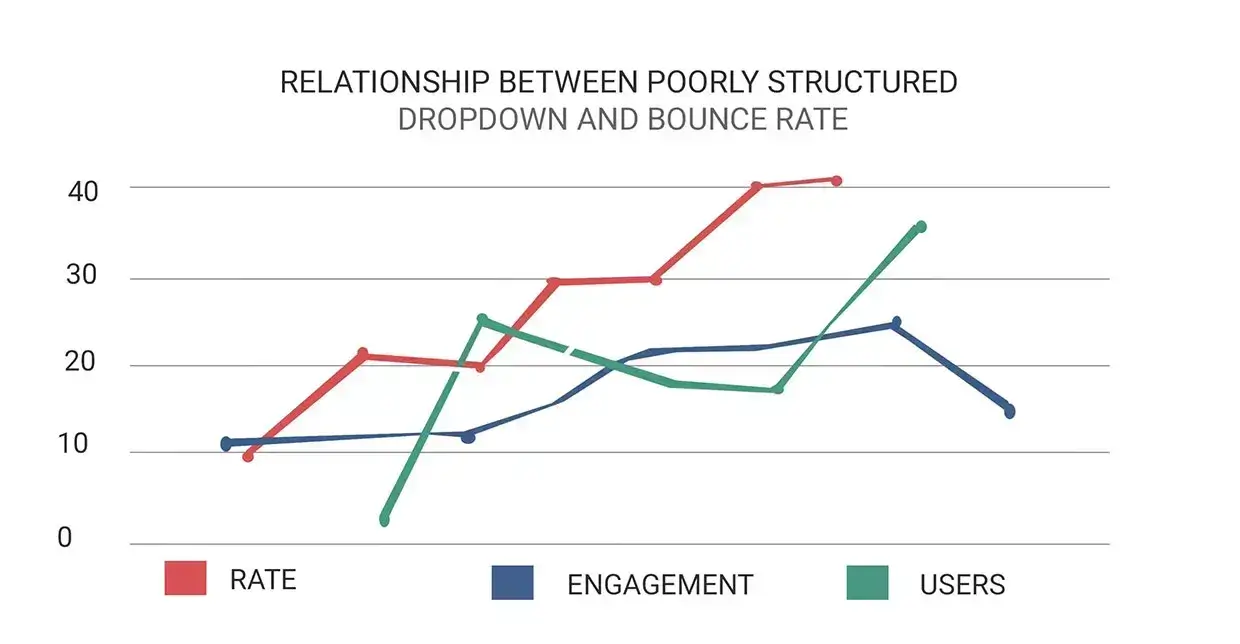 Pictorial presentation of how cluttered or poorly structured dropdown navigation menus increase bounce rate.