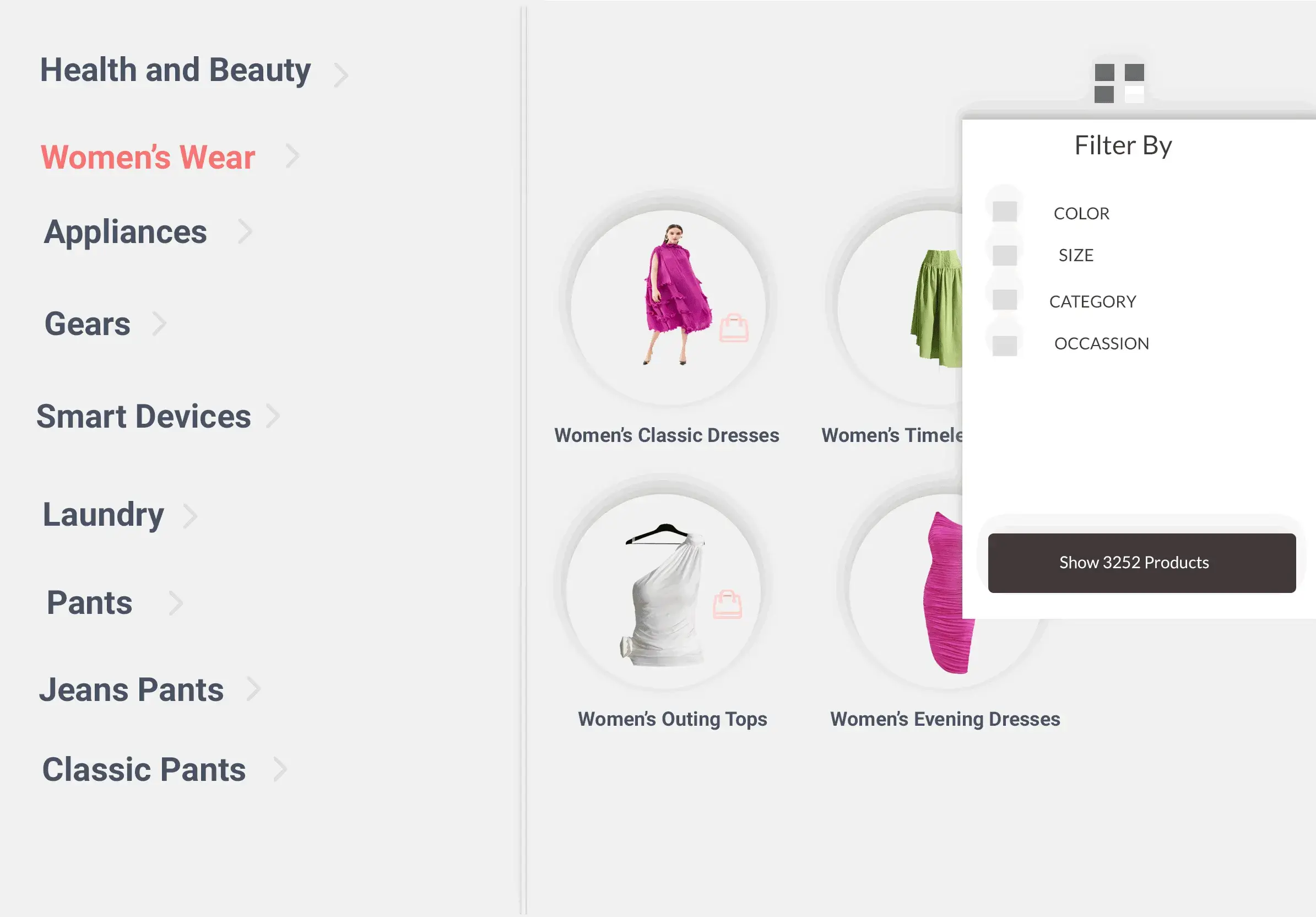 Illustration of a megamenu with advanced Tag-based Navigation system showing advanced features such as add-to-cart option and product filtering.